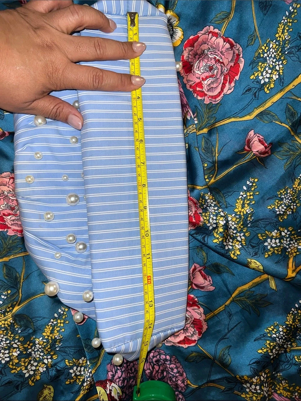 Maeve by Anthropologie Blue Pinstripe and Pearl Clutch